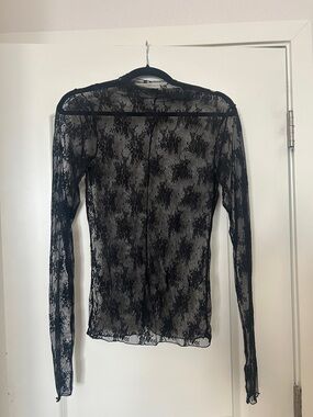 Free People Black Sheer Lace Long-Sleeve Tee